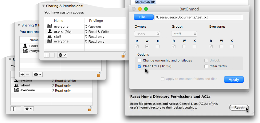 настройка прав на файлы папки в Mac